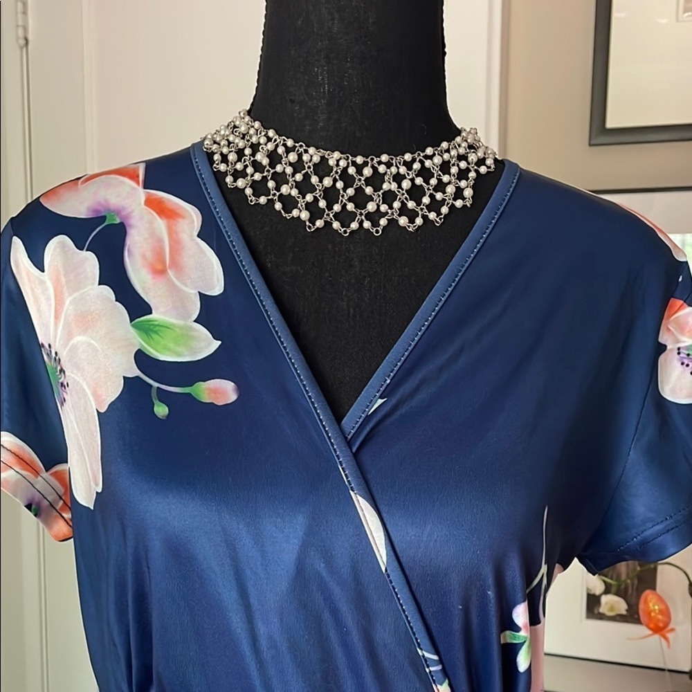 Blue and Pink V-Neck Flutter Sleeve Maxi Dress - Picture 3 of 14
